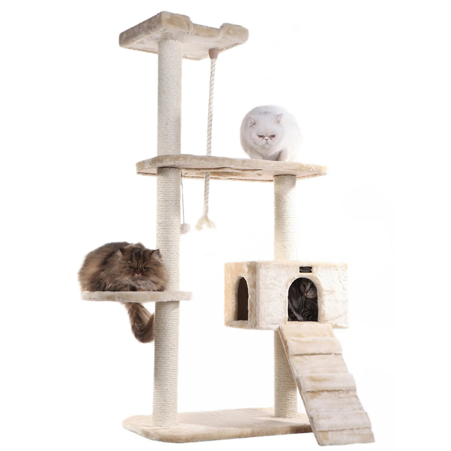 58-Inch Cat Tree with Ramp, Condo & Perch – Beige