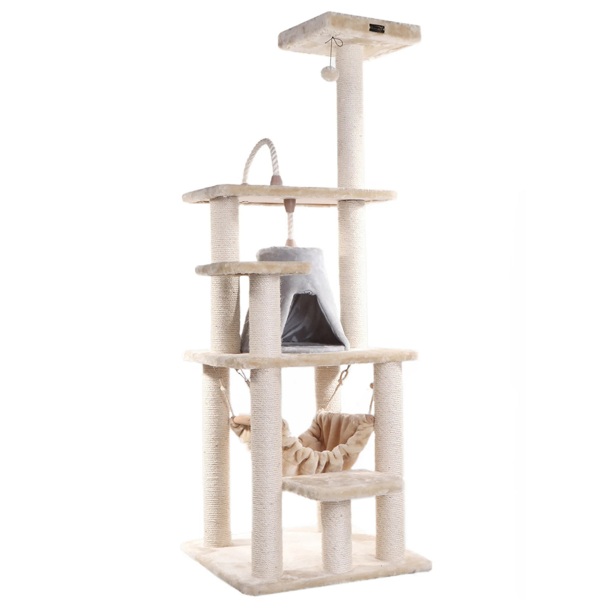 65-Inch Cat Tree with Hammock & Tent House – Beige