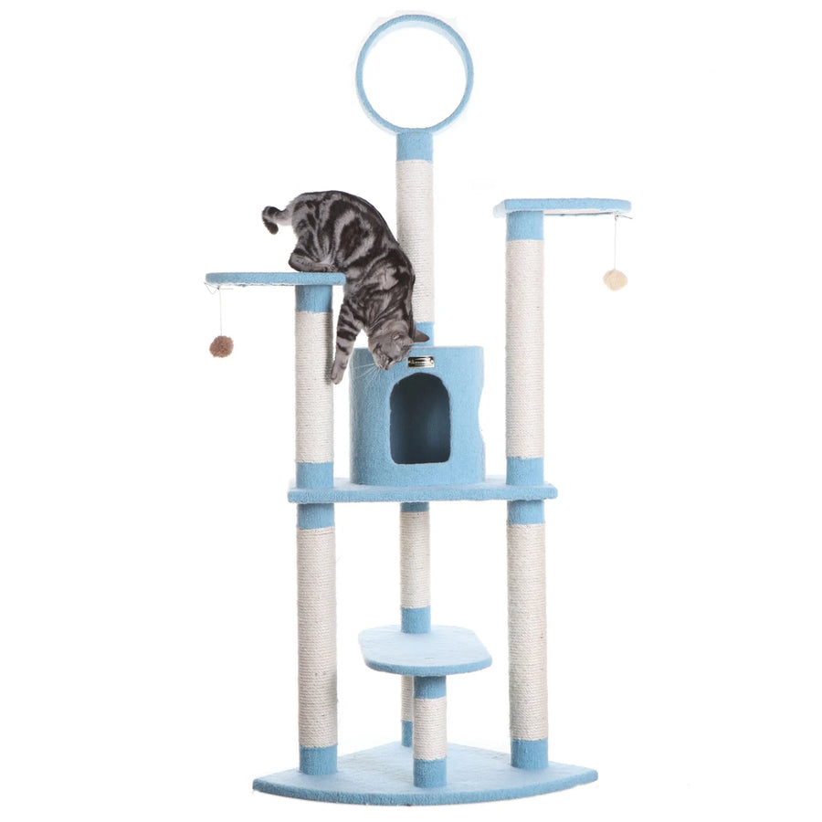65-Inch Cat Tree with Tunnel & Eight Scratching Posts – Blue