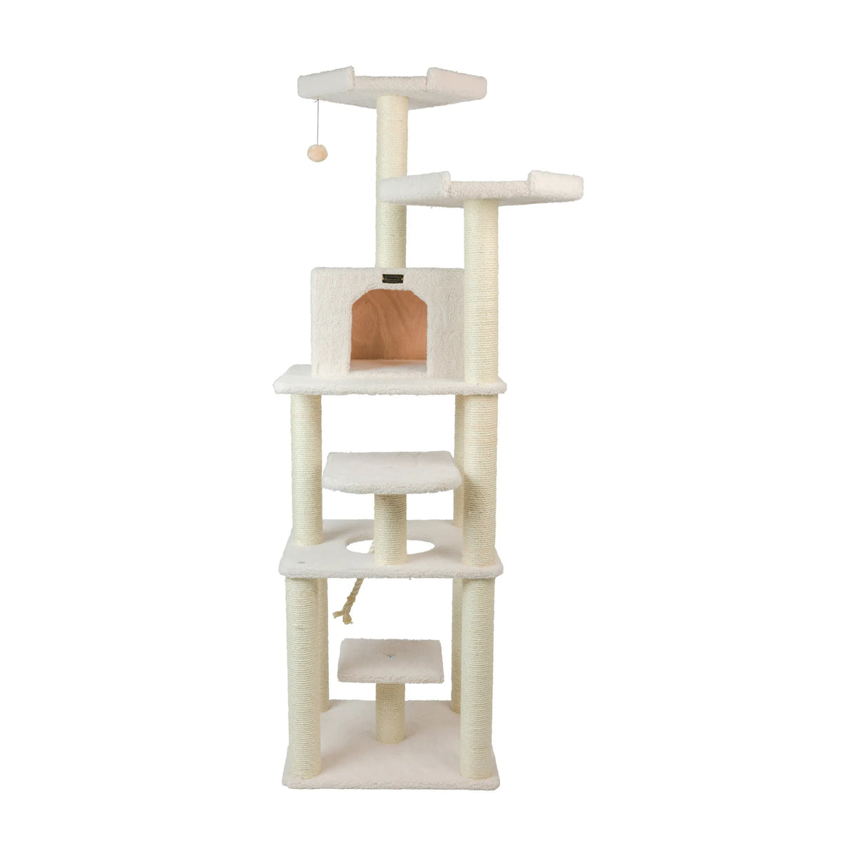 78-Inch Cat Tree with Playhouse & Rope Swing – Ivory
