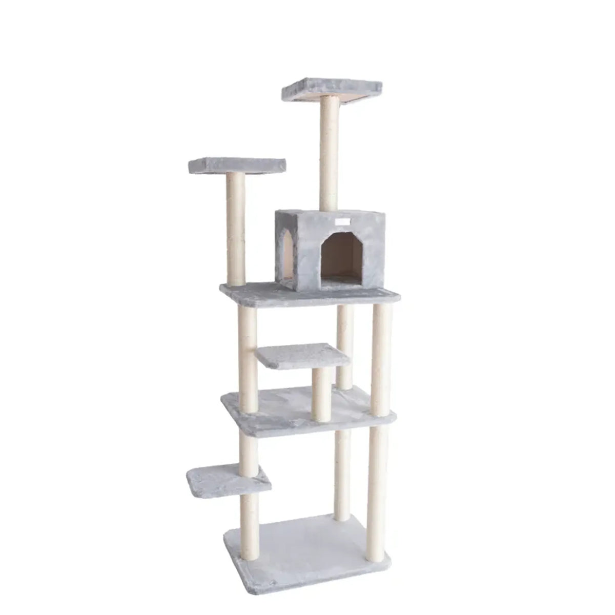 74-Inch Cat Tree with Condo & Two Perches – Silver Gray