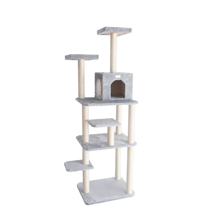 74-Inch Cat Tree with Condo & Two Perches – Silver Gray