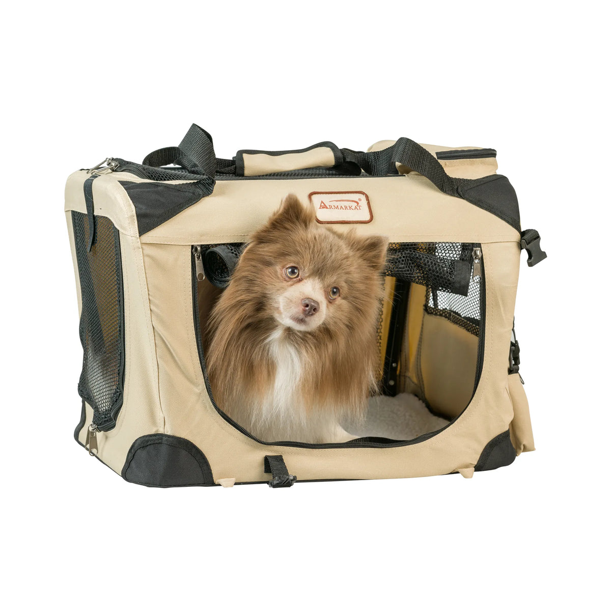 Foldable Pet Travel Carrier with Fleece Pad – Beige