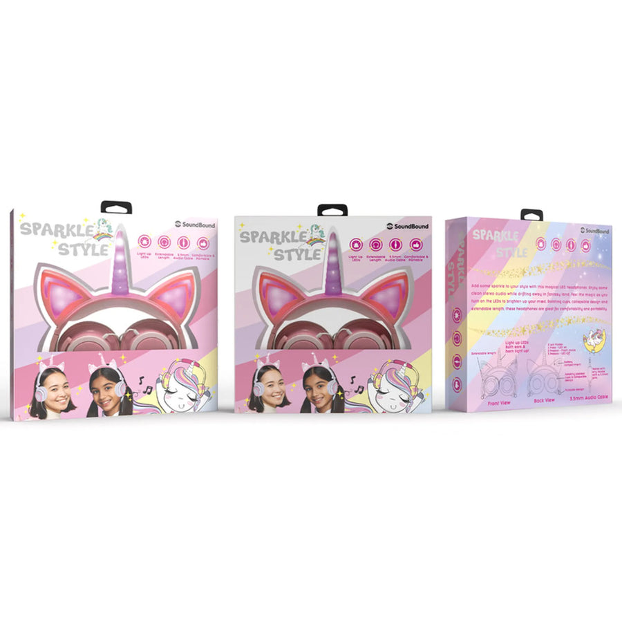 Sparkle-Style CAT Unicorn LIGHT UP LED Over Ear Wired Headphones- Pink/Pink