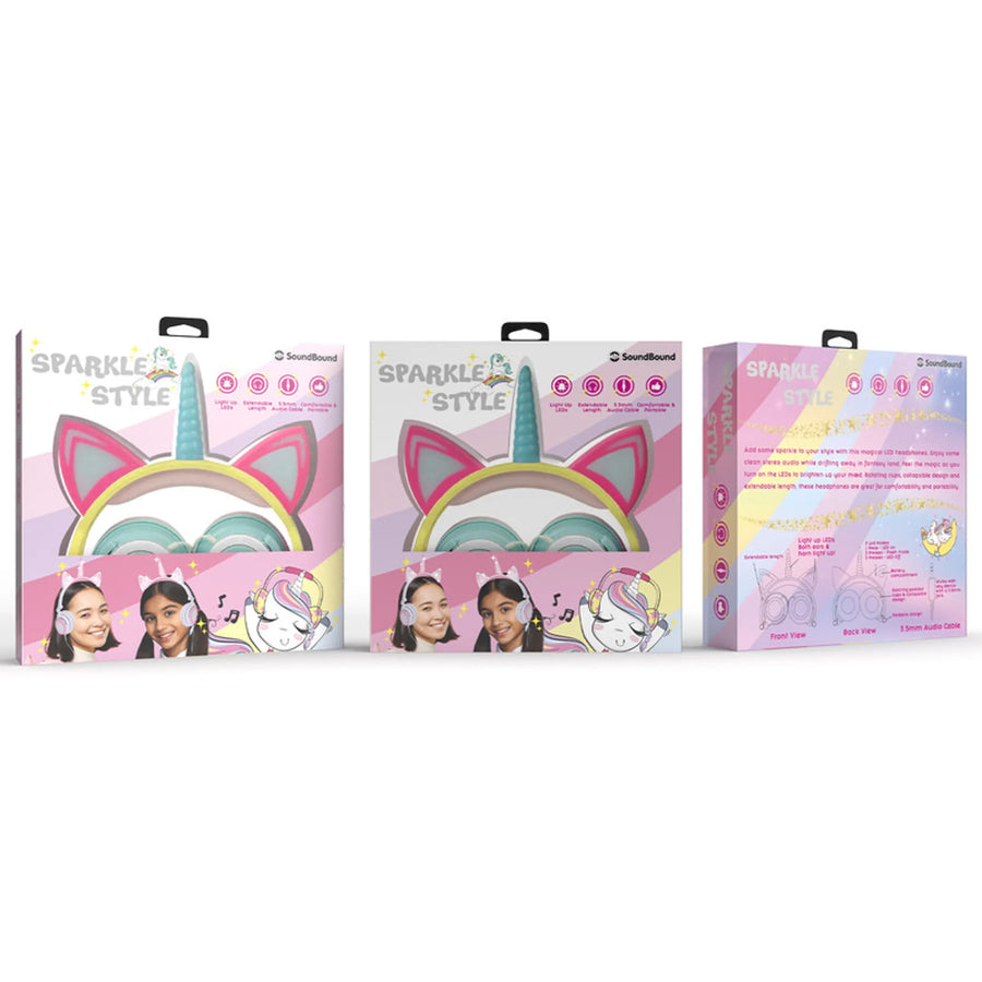 Sparkle-Style CAT Unicorn LIGHT UP LED Over Ear Wired Headphones- White/Purple