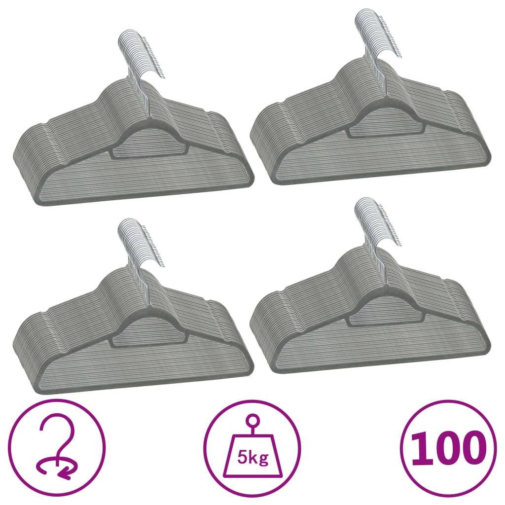100 pcs Clothes Hanger Set Anti-slip Gray Velvet