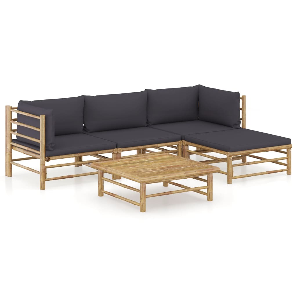 5 Piece Patio Lounge Set with Dark Gray Cushions Bamboo