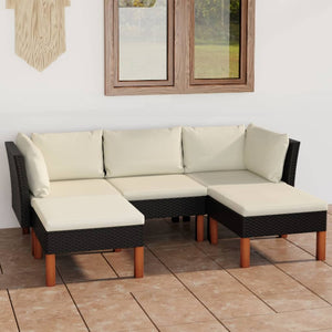 5 Piece Patio Lounge Set with Cushions Poly Rattan Black