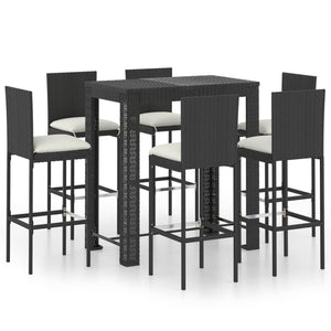 7 Piece Patio Bar Set with Cushions Poly Rattan Black