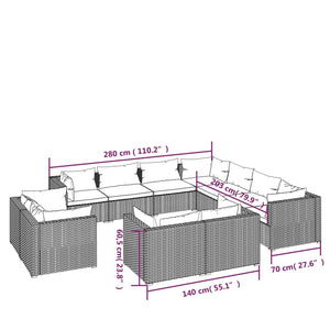 11 Piece Patio Lounge Set with Cushions Black Poly Rattan