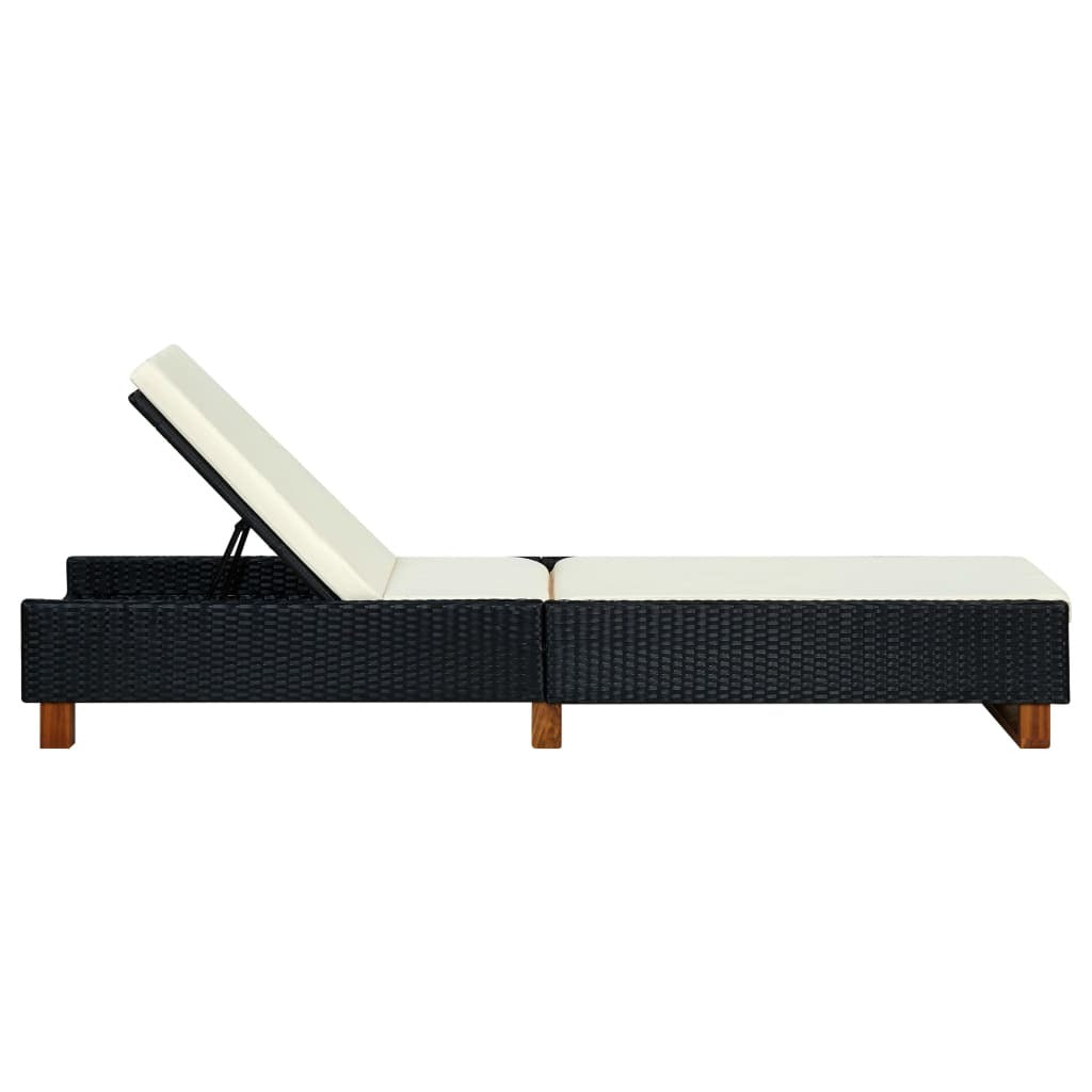 Sunbed with Cushion Poly Rattan Black