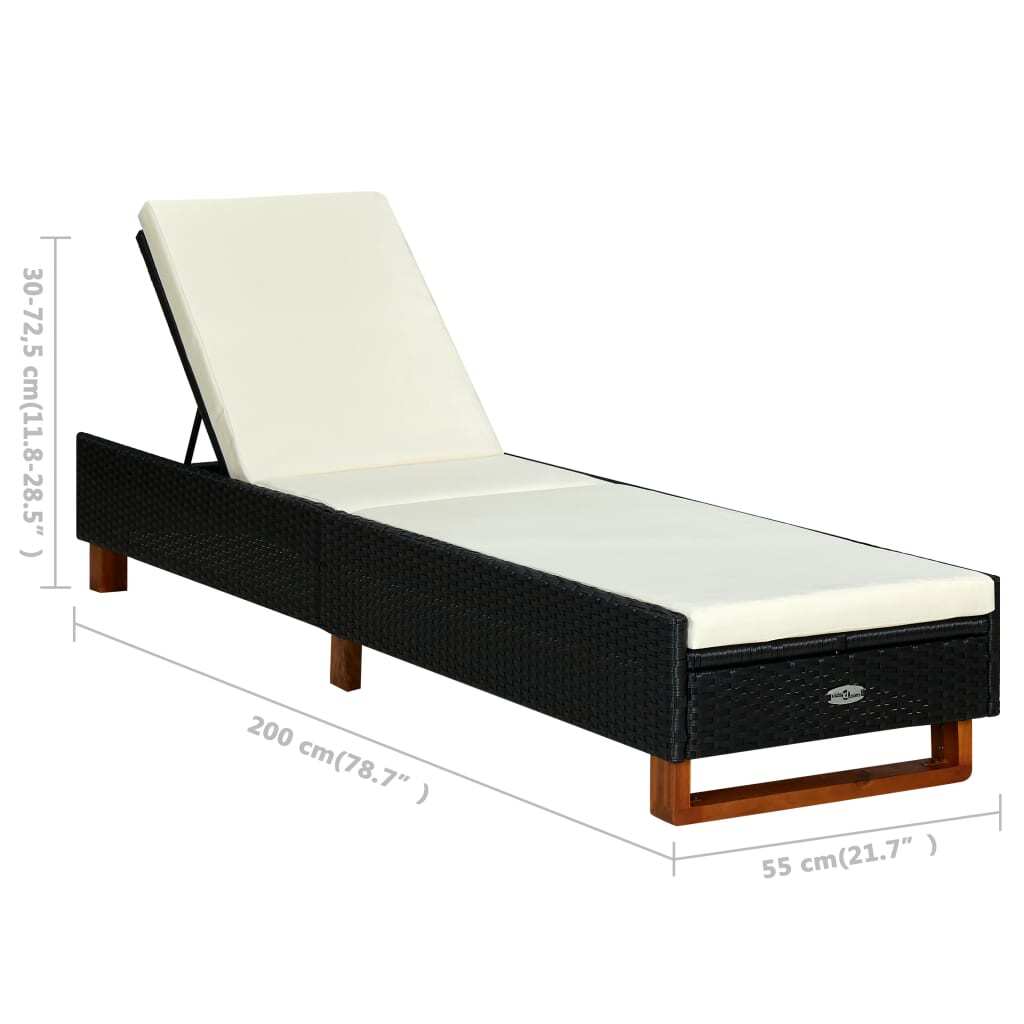 Sunbed with Cushion Poly Rattan Black