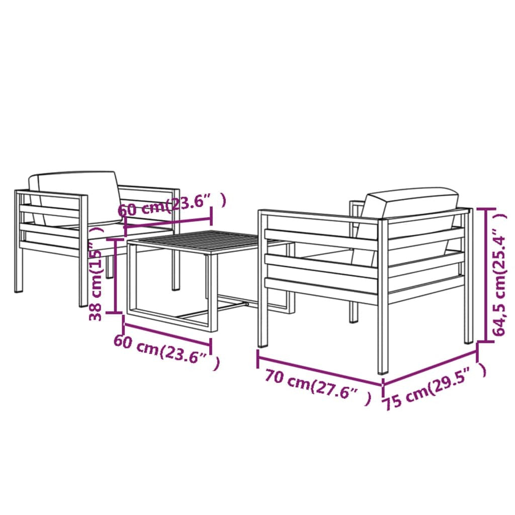 3 Piece Patio Lounge Set with Cushions Aluminum Anthracite