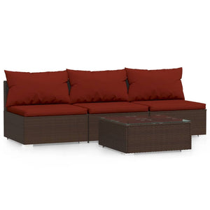 4 Piece Patio Lounge Set with Cushions Brown Poly Rattan