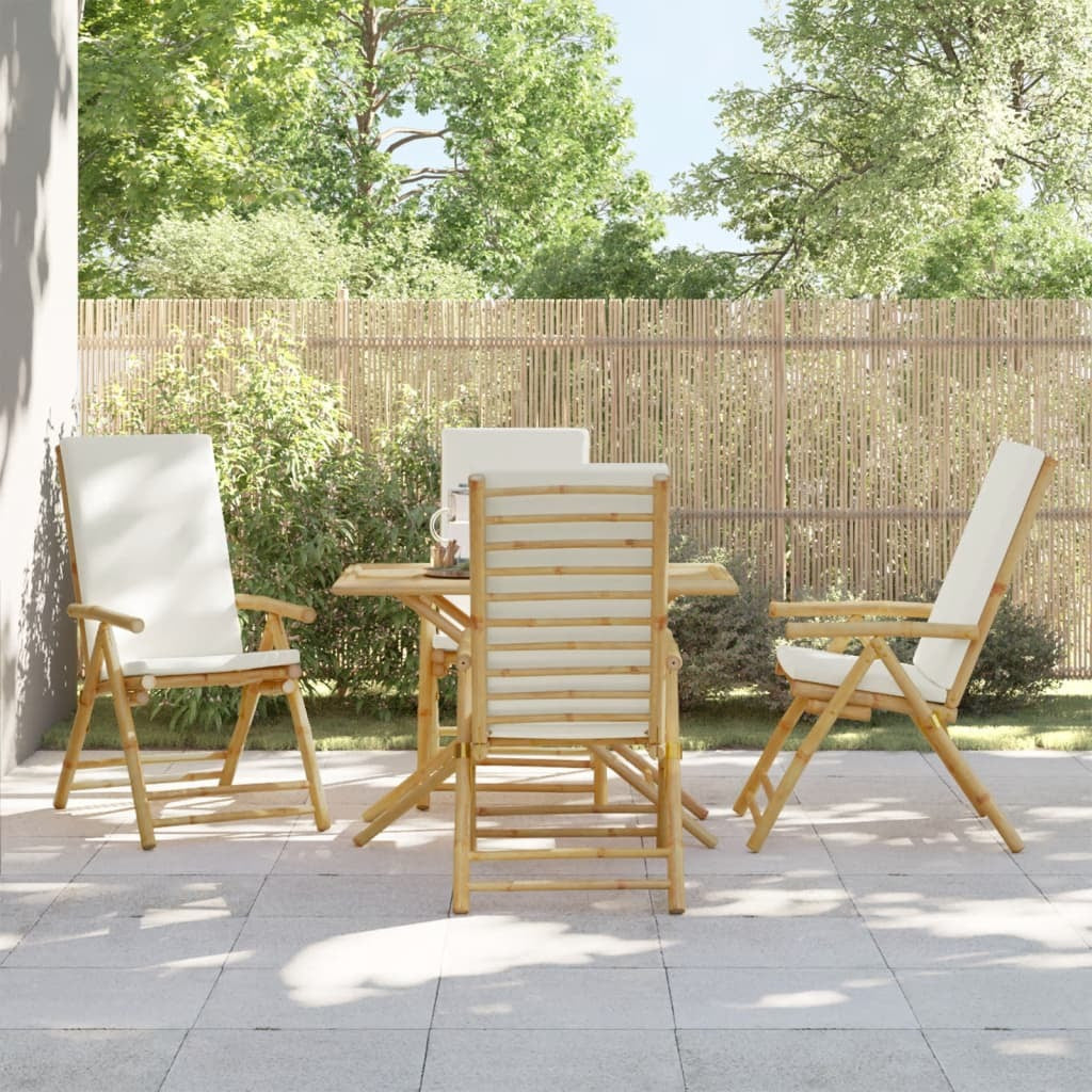4 Piece Folding Patio Reclining Chairs with Cream White Cushions Bamboo