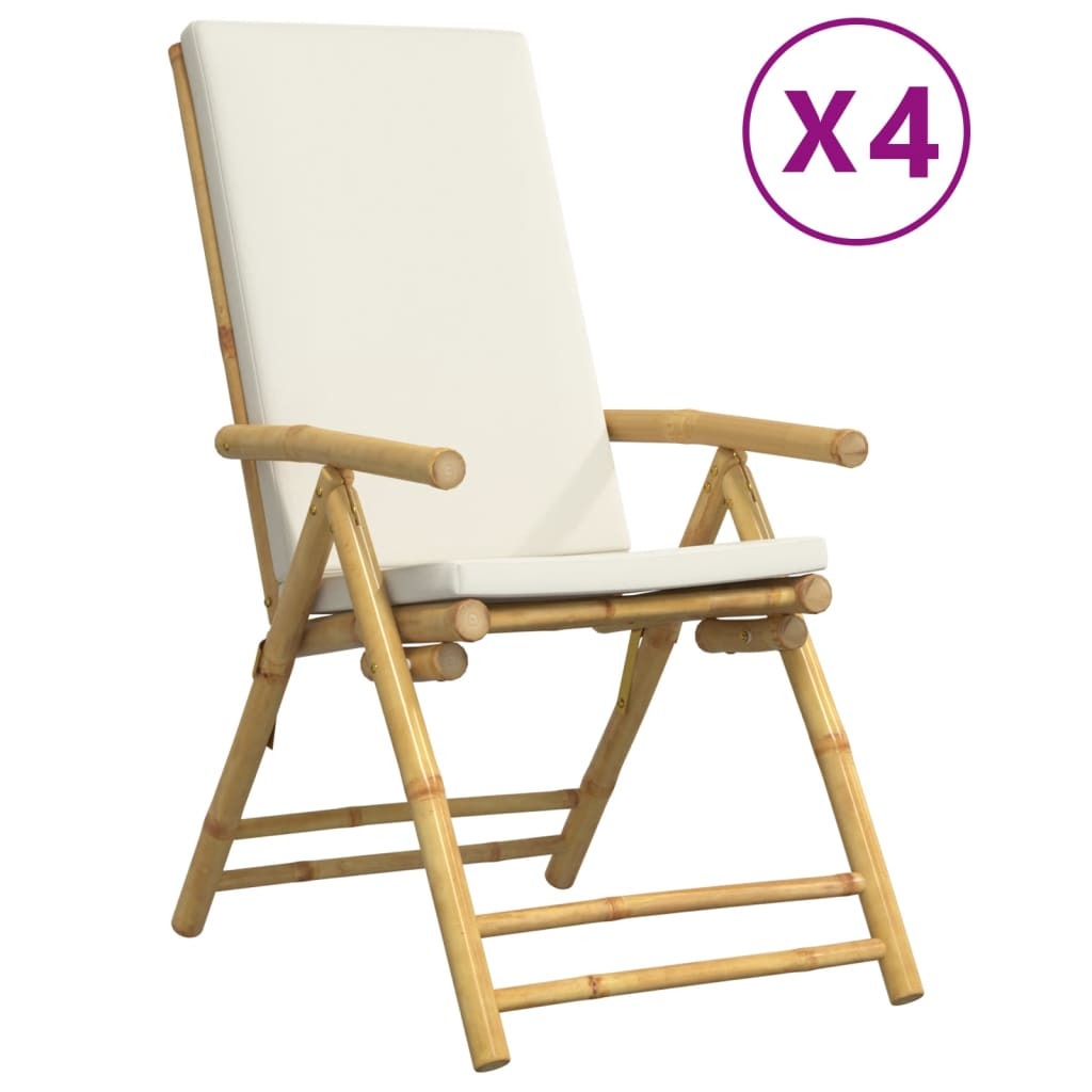 4 Piece Folding Patio Reclining Chairs with Cream White Cushions Bamboo
