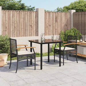 3 Piece Patio Dining Set with Cushions Black Poly Rattan
