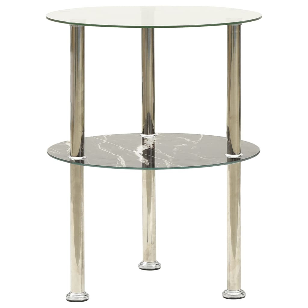2-Tier Side Table Transparent & Black Marble 15" Tempered Glass