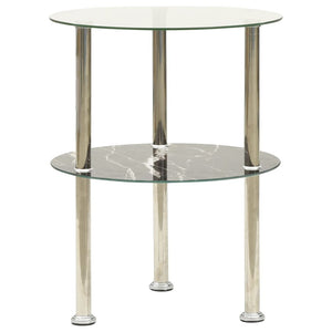2-Tier Side Table Transparent & Black Marble 15" Tempered Glass