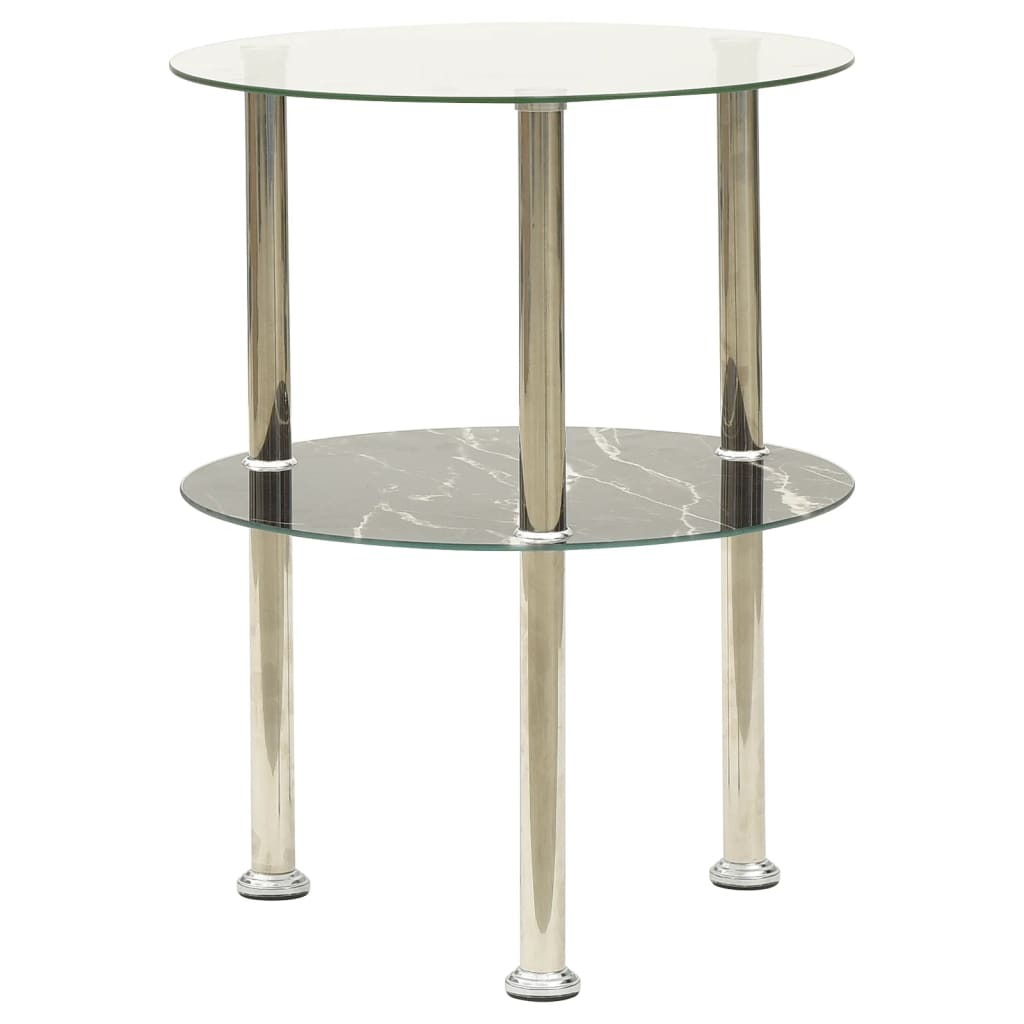 2-Tier Side Table Transparent & Black Marble 15" Tempered Glass