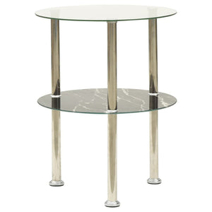 2-Tier Side Table Transparent & Black Marble 15" Tempered Glass