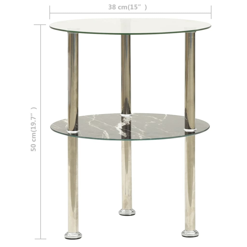 2-Tier Side Table Transparent & Black Marble 15" Tempered Glass