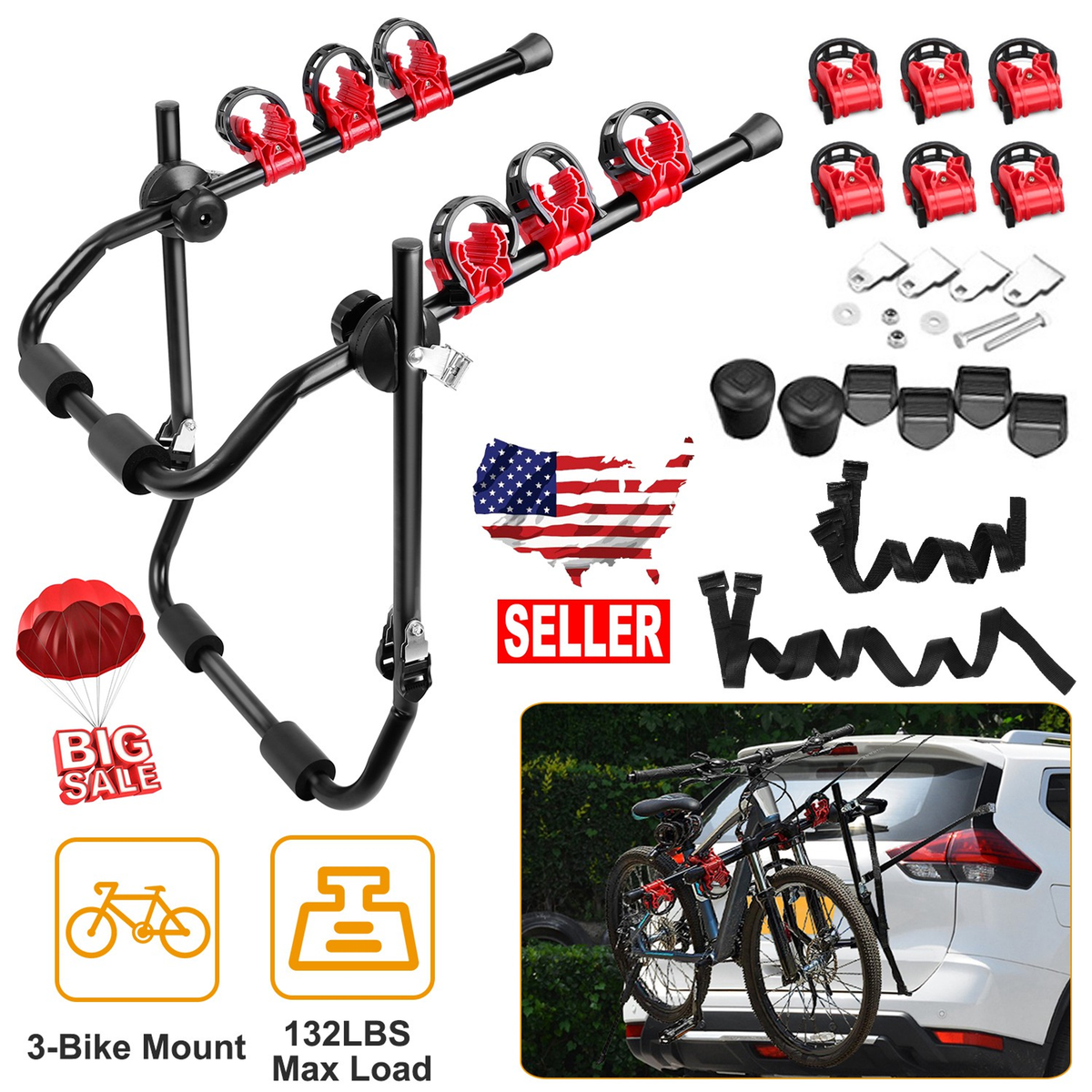 Car Bicycle Stand Rack 132LBS Load Hitch 3-Bike — Cycling