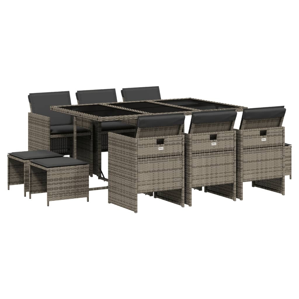 11 Piece Patio Dining Set with Cushions Gray Poly Rattan