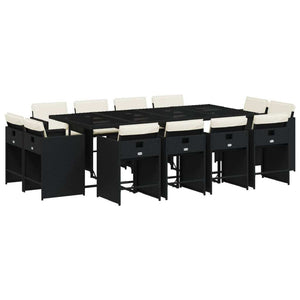 13 Piece Patio Dining Set with Cushions Black Poly Rattan
