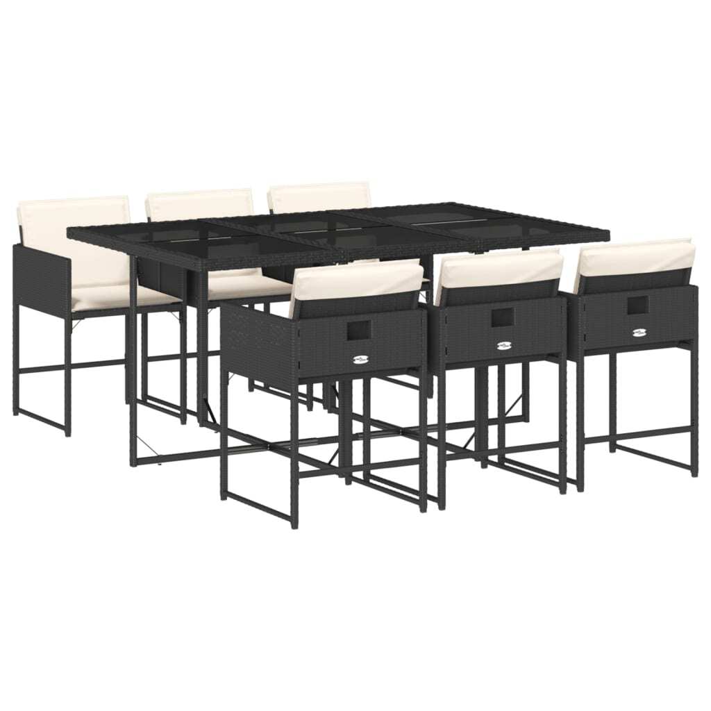7 Piece Patio Dining Set with Cushions Black Poly Rattan