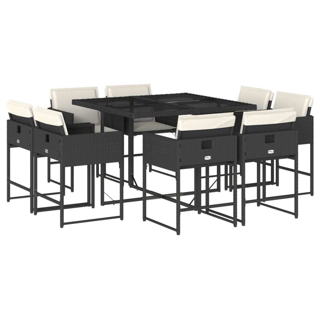 9 Piece Patio Dining Set with Cushions Black Poly Rattan