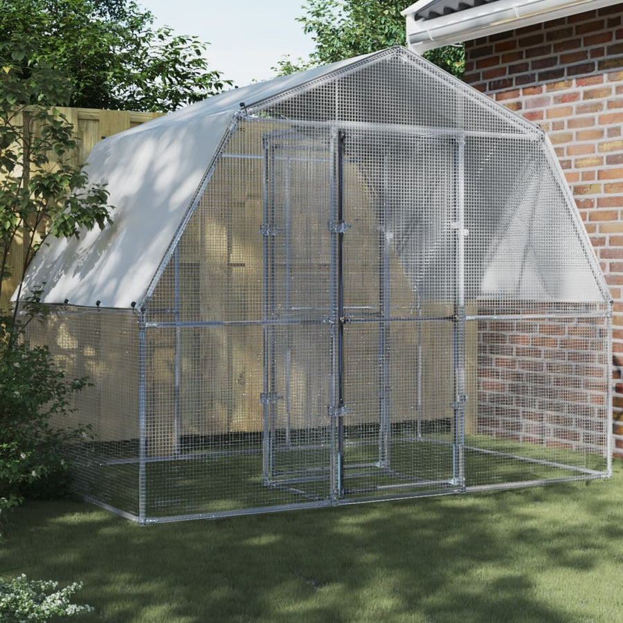 Chicken Cage with Roof and Door Silver Galvanized Steel