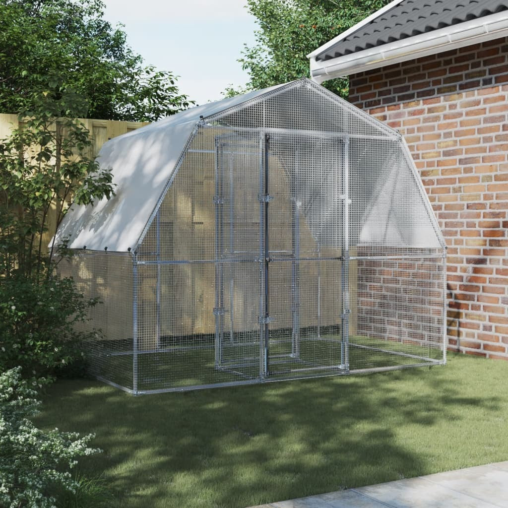 Chicken Cage with Roof and Door Silver Galvanized Steel