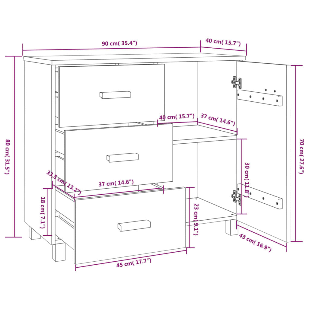 Sideboard HAMAR Light Gray 35.4"x15.7"x31.5" Solid Pinewood