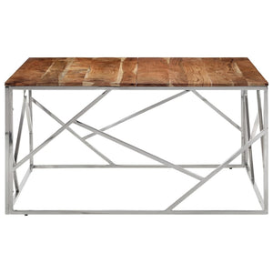 Coffee Table Silver Stainless Steel and Solid Wood Acacia