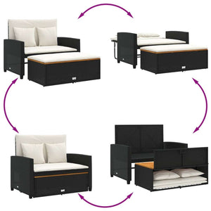 Patio Sofa with Cushions 2-Seater Black Poly Rattan&Acacia Wood