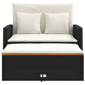 Patio Sofa with Cushions 2-Seater Black Poly Rattan&Acacia Wood