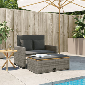 Patio Sofa with Cushions 2-Seater Gray Poly Rattan&Acacia Wood