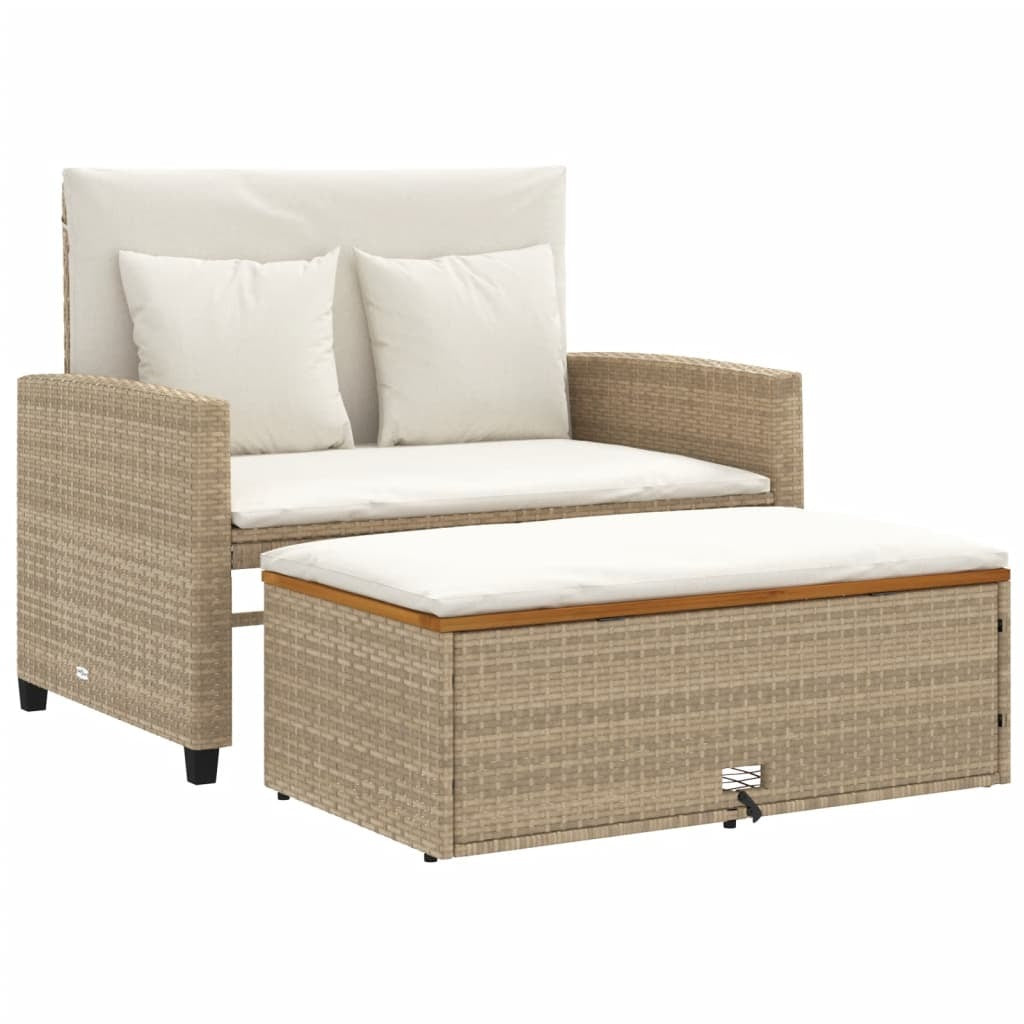 Patio Sofa with Cushions 2-Seater Beige Poly Rattan&Acacia Wood