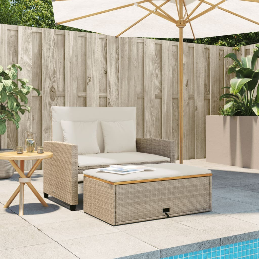 Patio Sofa with Cushions 2-Seater Beige Poly Rattan&Acacia Wood