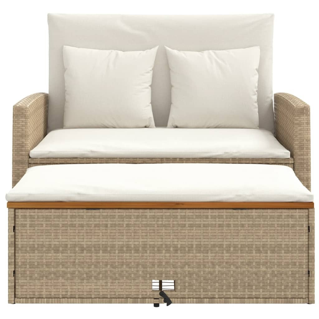 Patio Sofa with Cushions 2-Seater Beige Poly Rattan&Acacia Wood