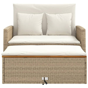 Patio Sofa with Cushions 2-Seater Beige Poly Rattan&Acacia Wood