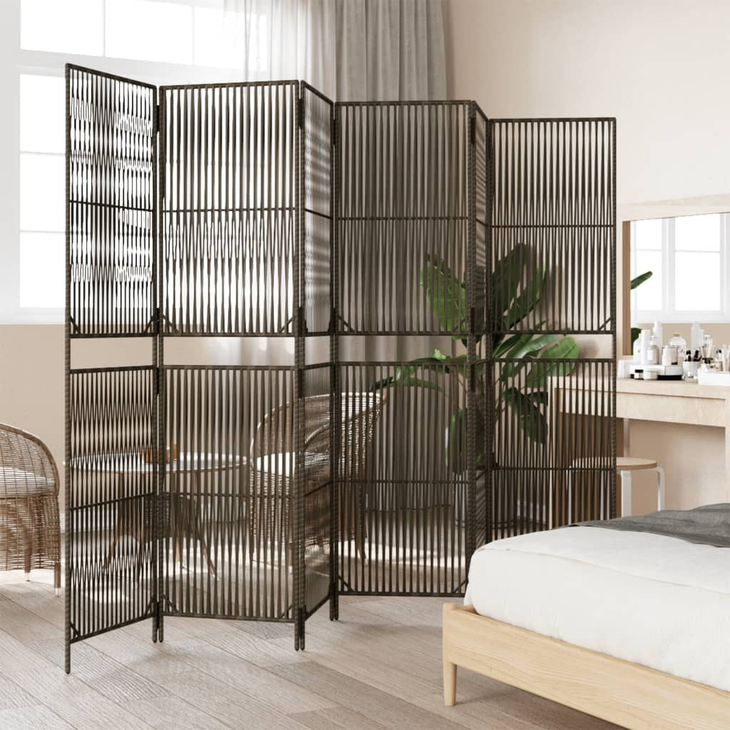 Room Divider 6 Panels Brown Poly Rattan
