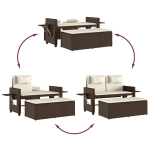 Reclining Patio Bench with Cushions Brown Poly Rattan