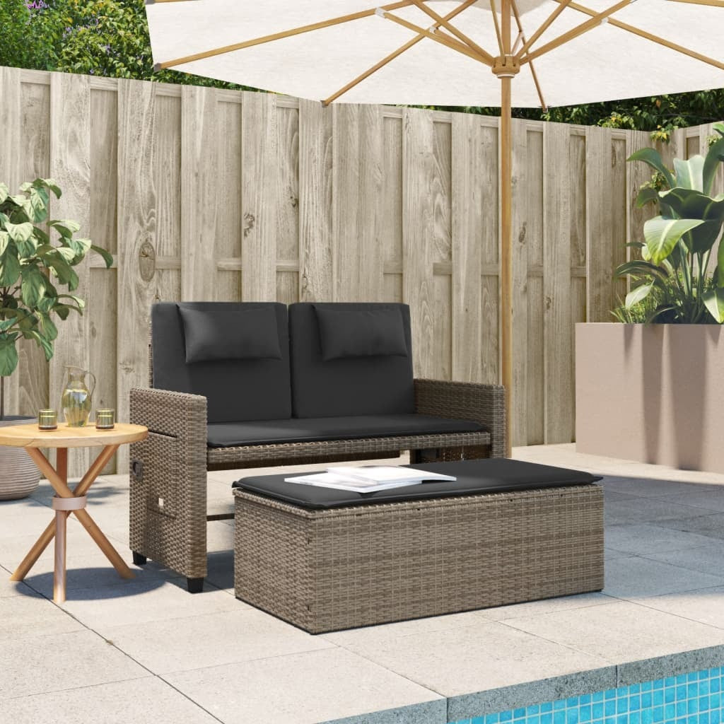 Reclining Patio Bench with Cushions Gray Poly Rattan