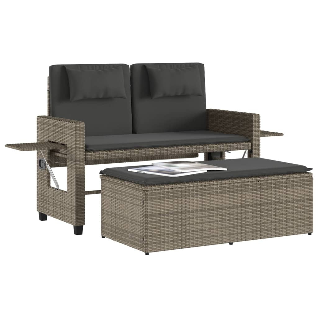 Reclining Patio Bench with Cushions Gray Poly Rattan