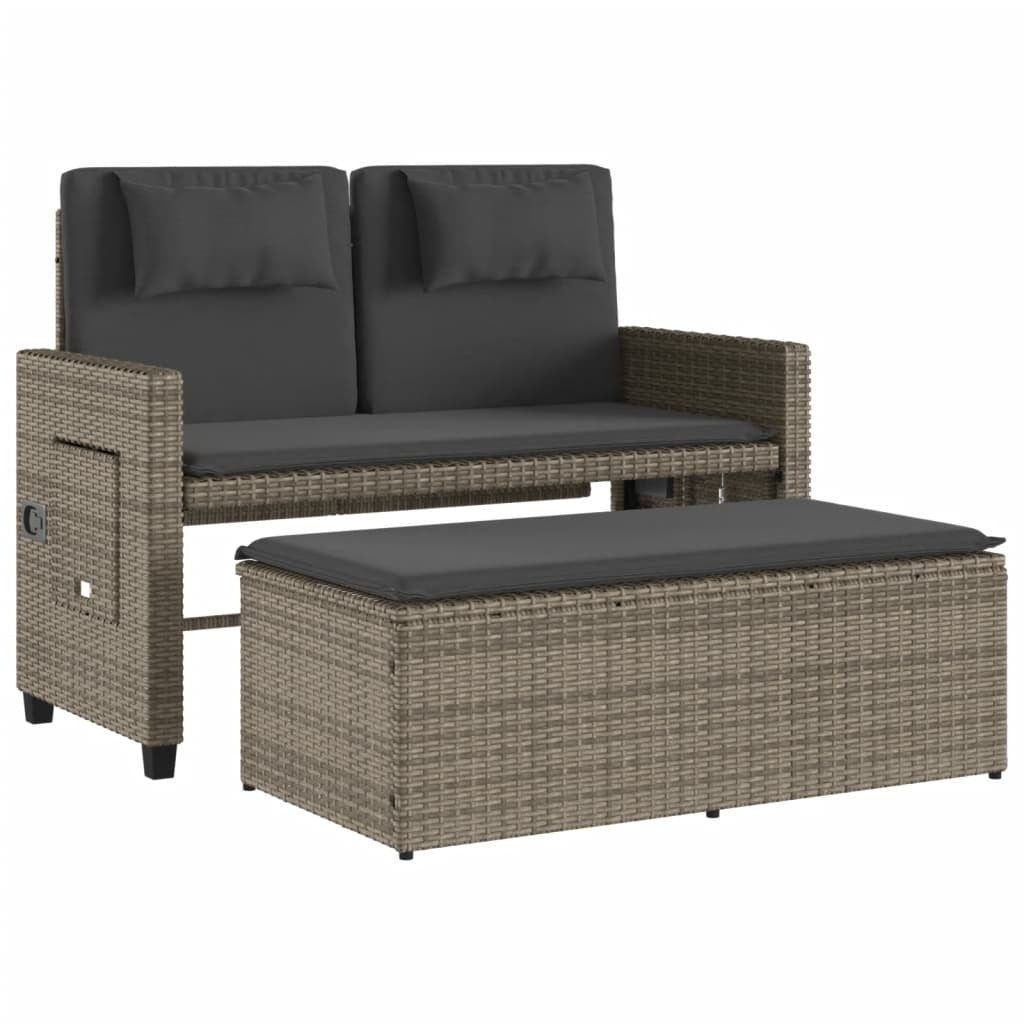 Reclining Patio Bench with Cushions Gray Poly Rattan