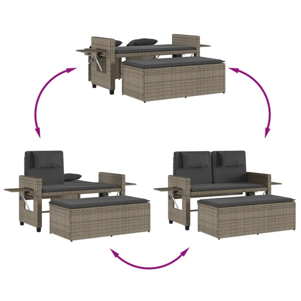 Reclining Patio Bench with Cushions Gray Poly Rattan
