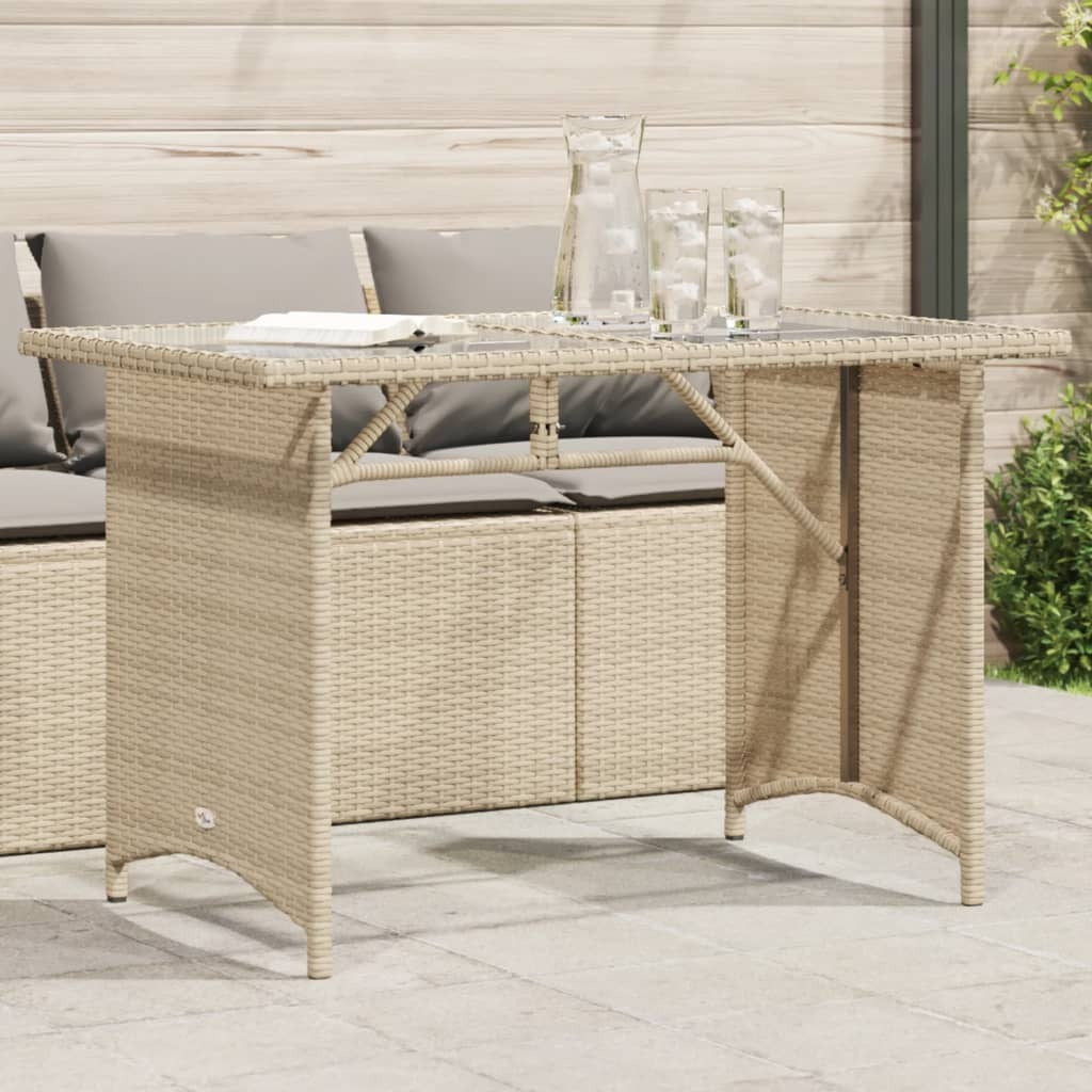 Patio Table with Glass Top Beige 43.3"x26.8"x27.6" Poly Rattan