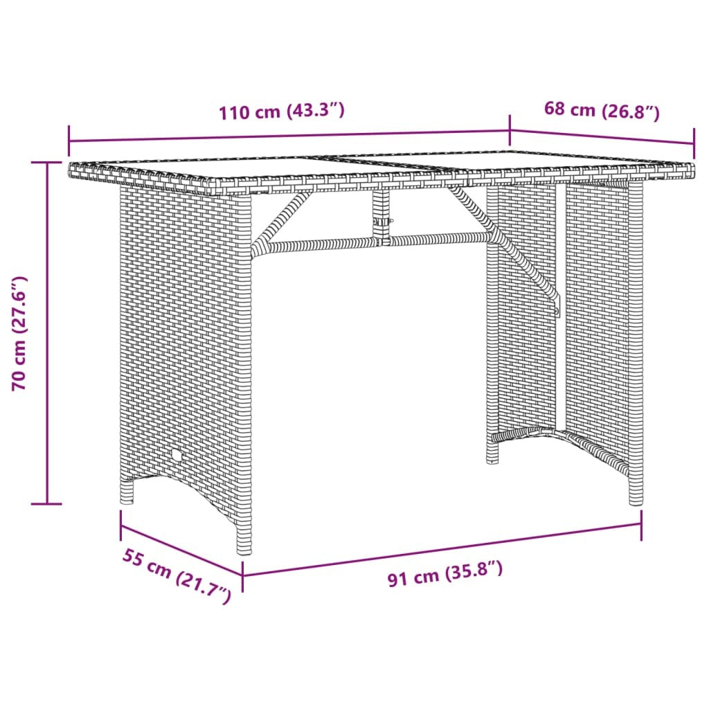 Patio Table with Glass Top Beige 43.3"x26.8"x27.6" Poly Rattan